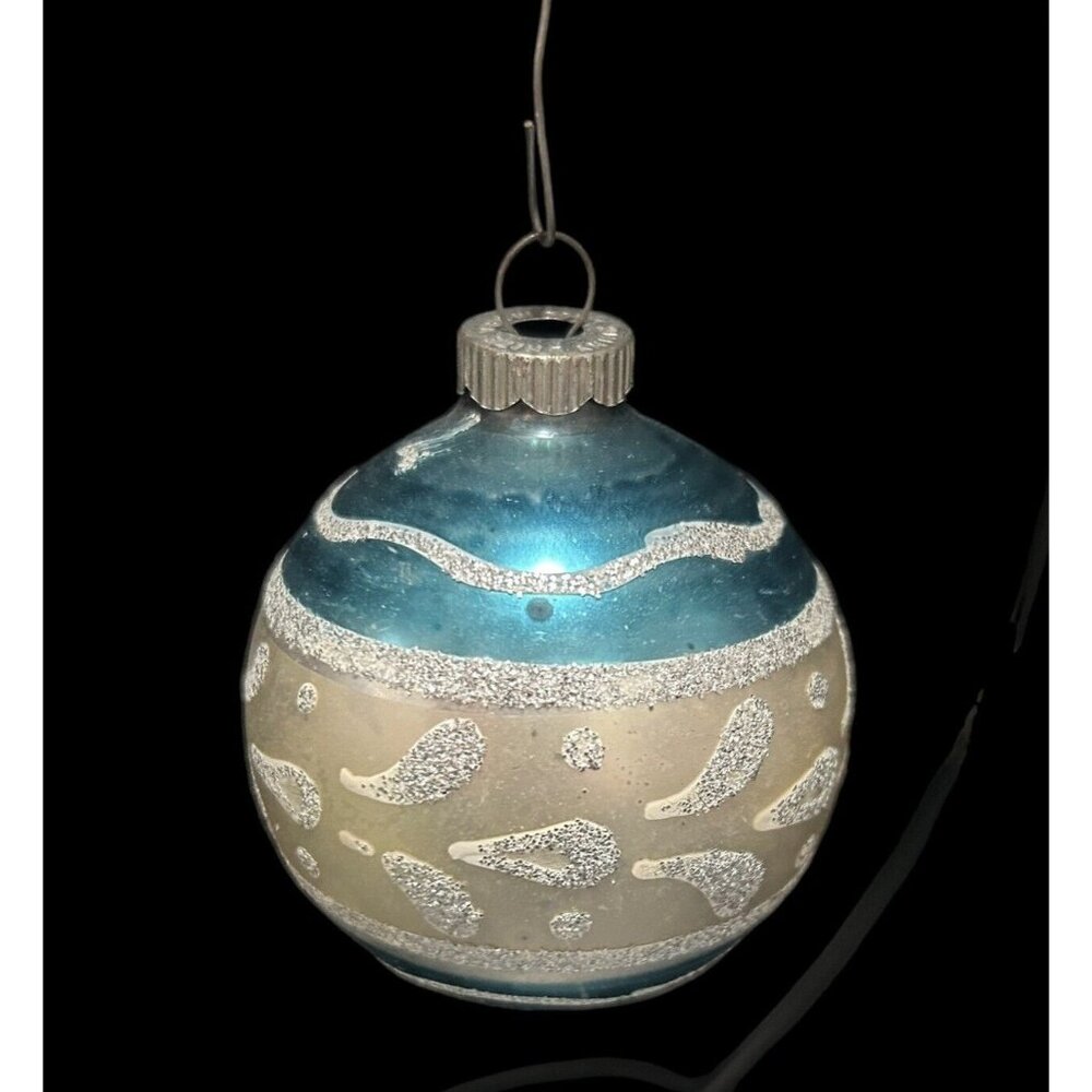 Vintage Blue Shiny Brite Hand Painted Silver Glitter Glass Christmas Ornament 3"